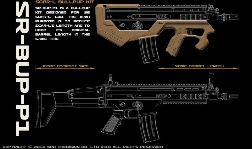 SRU Prototype Bullpup Kit for WE SCAR-L GBB Rifle (TAN) - Gear Of War.